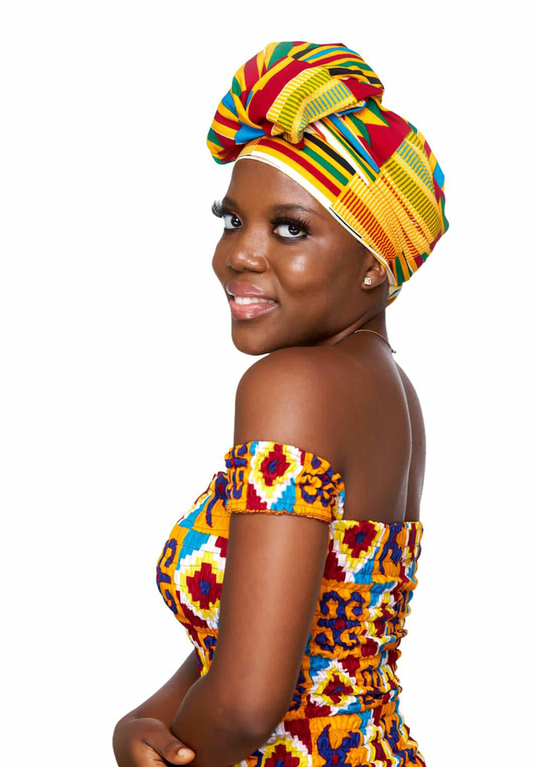 Ghanaian Kente Print, High Quality Red,White,Gold,Green,Black,Seablue Stripped Coloured Detachable Silklined Headwrap