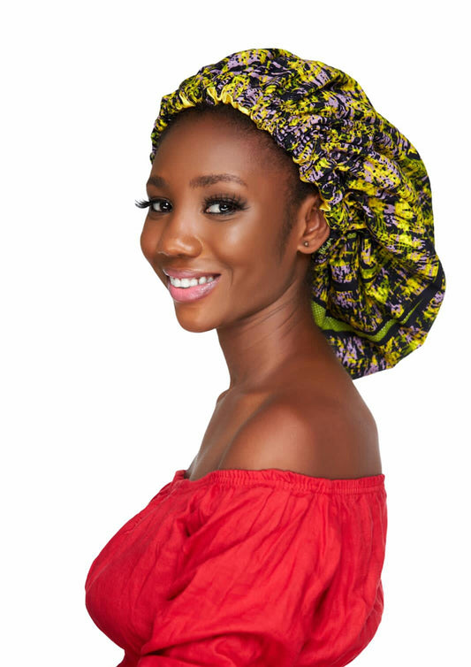 Green, Purple And Black Batik Fabric with Yellow Silk Lined Hair Bonnet