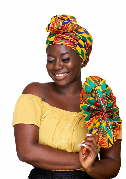 Ghanaian Kente Print,Red, Yellow Green Blue, Black White Coloured Detachable Silklined Headwrap