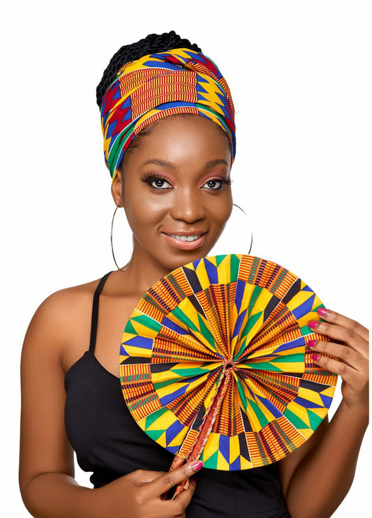 Ghanaian Print Kente High Quality Cotton Wax,made of Red, Blue, Yellow And Green Colourful Adinkira Symbols Detachable Silklined Headwrap