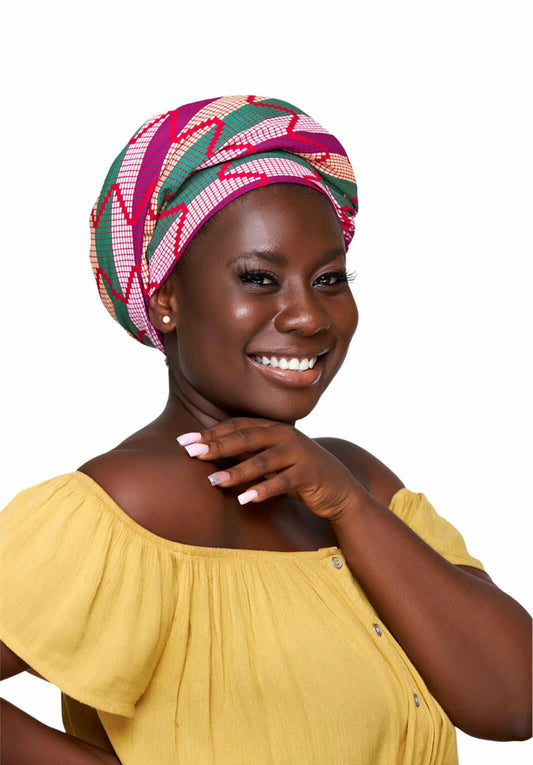 Ghanaian High Quality Cotton Made Kente,Pink, White, Green,Gold Coloured Detachable Silklined Headwrap