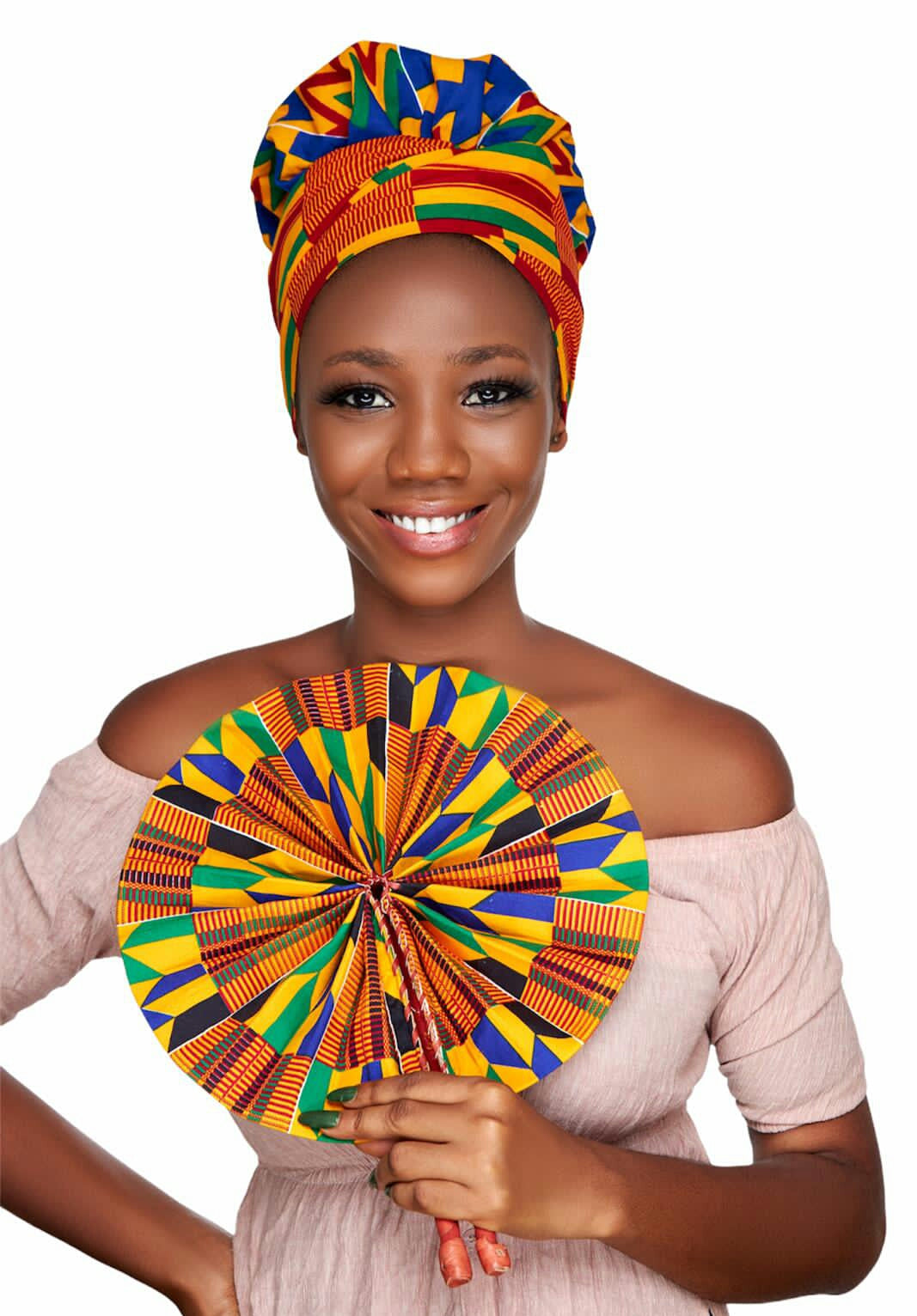 A Ghanaian Wax Print Made of Blue, Green, Red and White Blended Beautiful Colours And Pattern, Hand Made Elastic Silklined Bonnet With Band