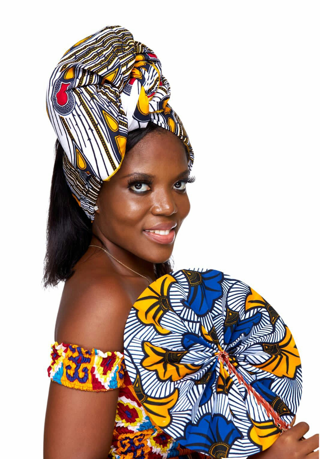 Quality Ankara Print, White, yellow, red and black peacock designed fabric Detachable Silklined Headwrap