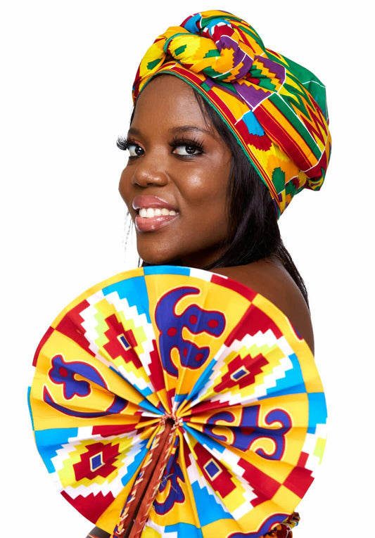 Ghanaian Quality Kente Cotton Wax Print, Coloured with Red,Seablue,Yellow,Green,abd White Art Print Detachable Silklined Headwrap