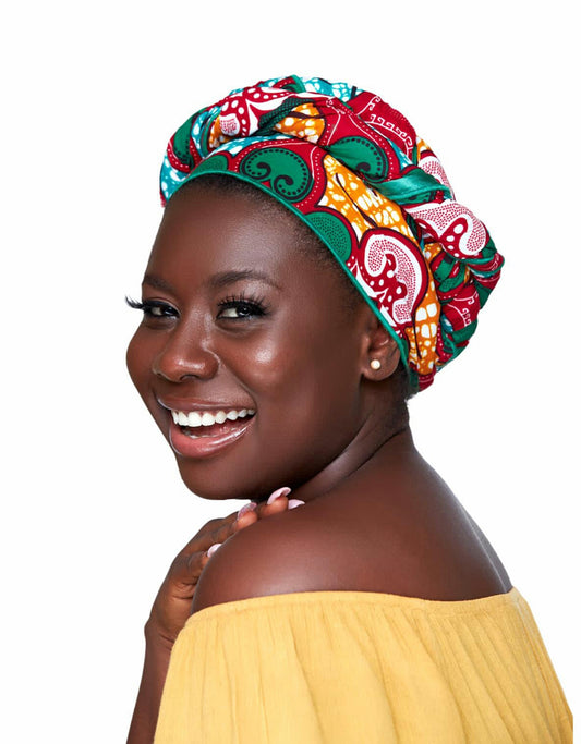 Ankara Cotton wax Print Made of Red, Orange,Green White,abd Seablue Colours Beautifully Arranged Detachable Silklined Headwrap