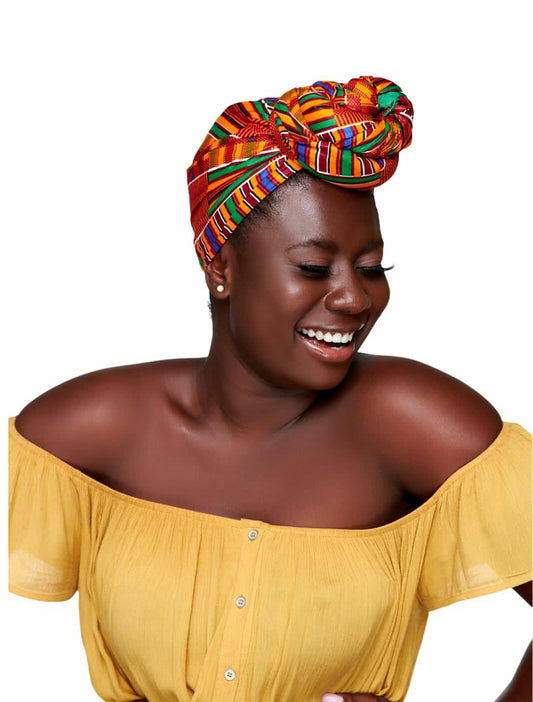 Ghanaian Kente High Quality,Red Yellow, Green Blue, Black Printed Detachable SilklinedHeadwrap