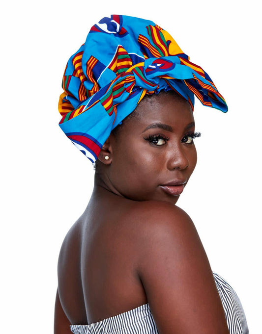 Ghanaian Kente Print Made of Blue, yellow, Black,Green and White Blended Beautiful Colours, Hand Made Elastic Silklined Bonnet With Band