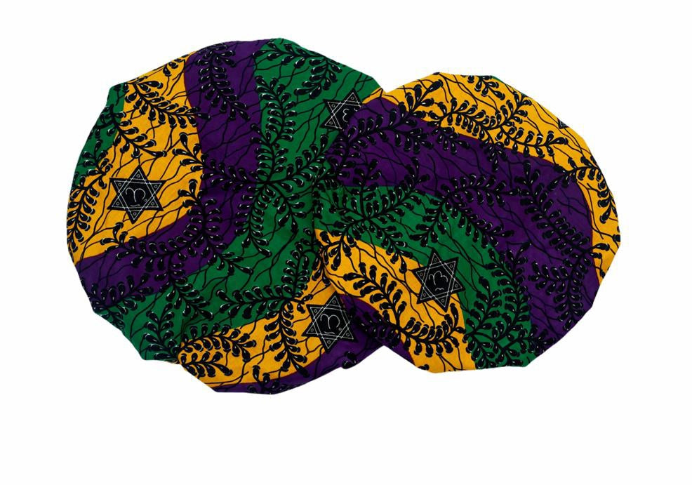 Green, Black , Purple And Yellow Mix Pattern Design Ankara Wax Print With Black Silk Lined Hair Bonnet