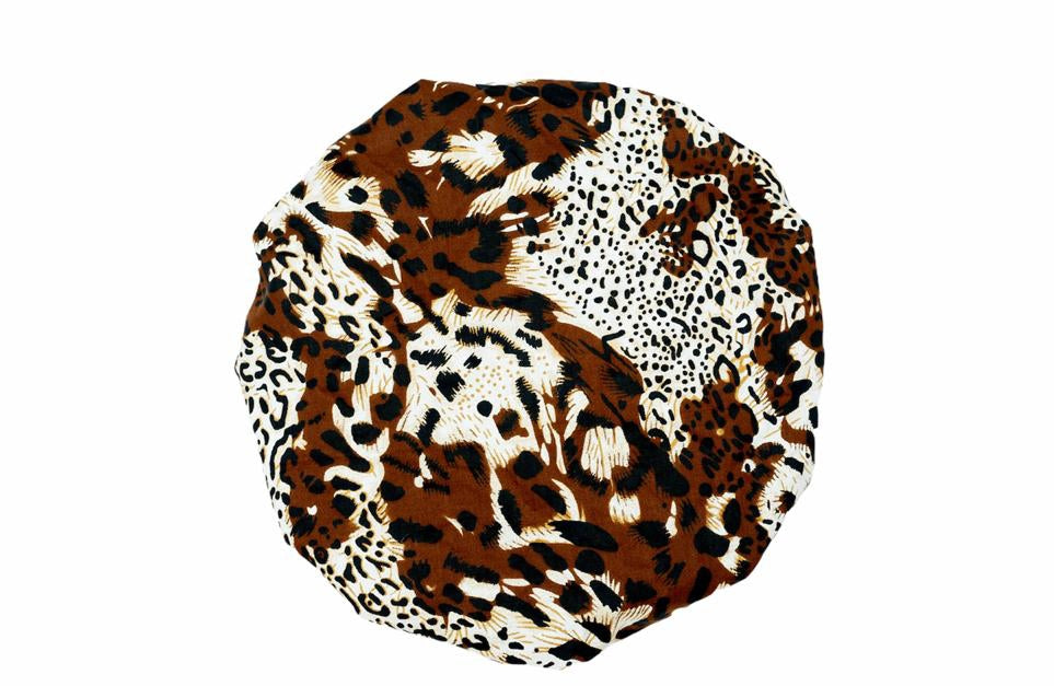 Ankara Wax Print Made of White, Brown And Black Blend of Beautiful Colours And Pattern, Hand Made Elastic Silklined Bonnet With Band