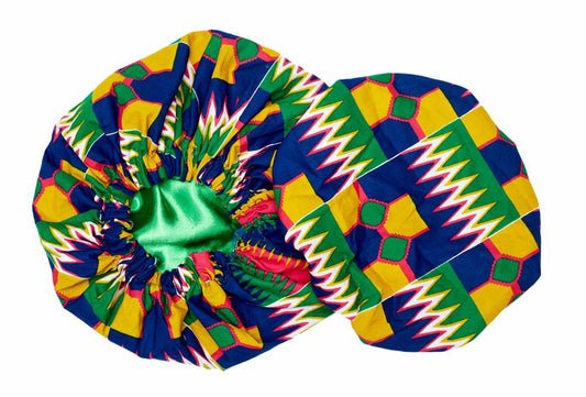 Ghanaian Kente Wax Print Made of Yellow, Green,Pink White and Blue Blend of Beautiful Colours And Pattern With Adinkira Symbols, Hand Made Elastic With Green Silk lined Hair Bonnet