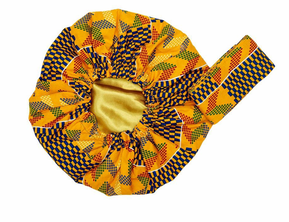 Ghanaian Kente Wax Print Made of White,Gold, Red, Blue Blend of Beautiful Colours And Pattern With Adinkira Symbols, Hand Made Elastic Silklined Bonnet With Band