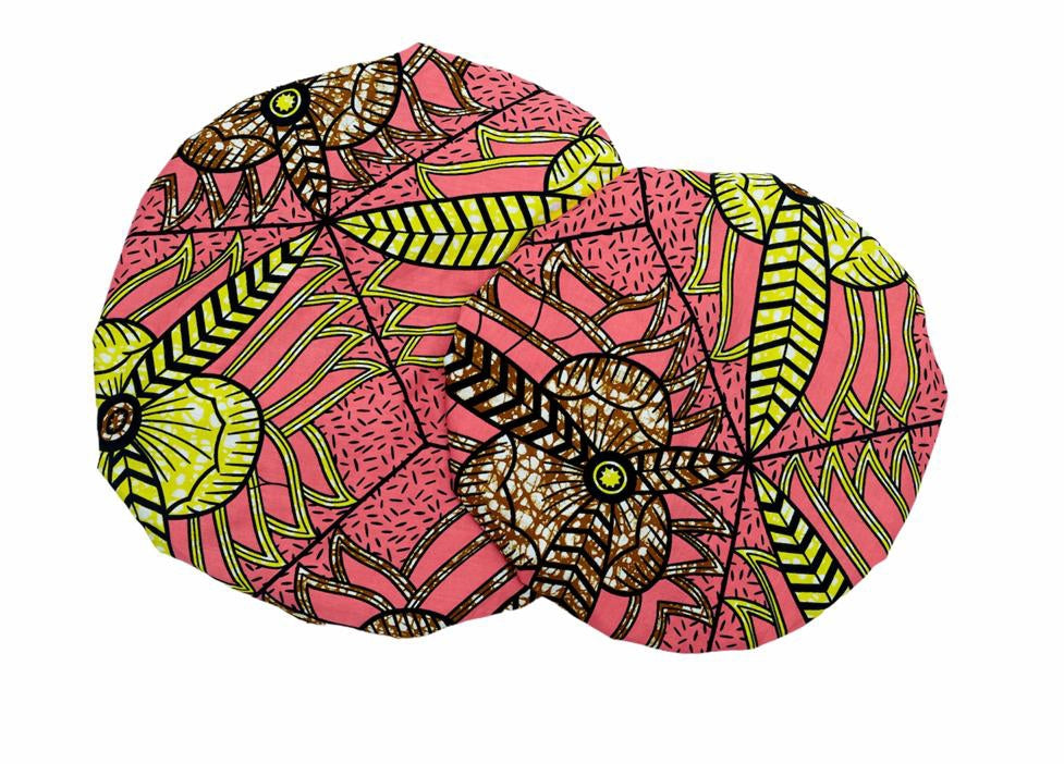 Print Made of Pink, yellow, Black and Curry Blended Beautiful Colours, Hand Made Elastic Silklined Bonnet With Band