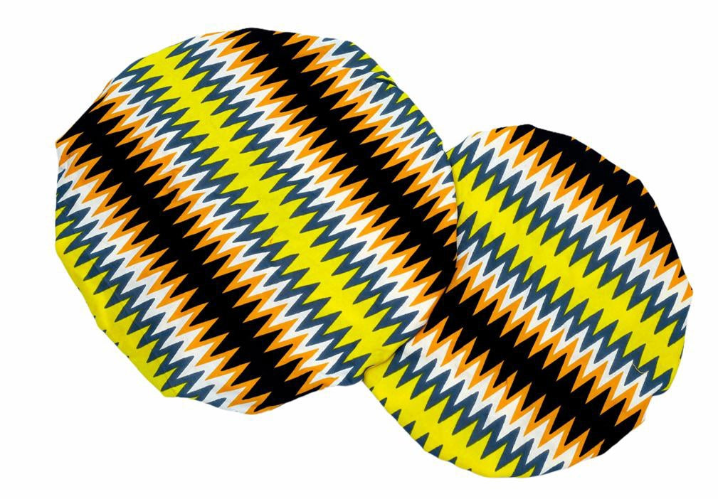 Ghanaian Kente Wax Print Made of Yellow, Gold ,Ash ,Black and White Blended Beautiful Colours And Pattern, Hand Made Elastic Silklined Bonnet With Band