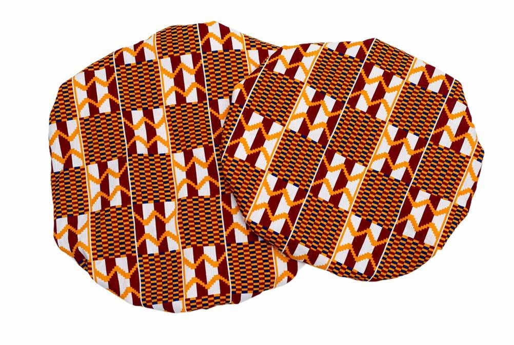 Ghanaian Kente Wax Print Made of Yellow,Red ,White and Blue Blend of Beautiful Colours And Pattern With Adinkira Symbols, Hand Made Elastic With Red Silk lined Hair Bonnet