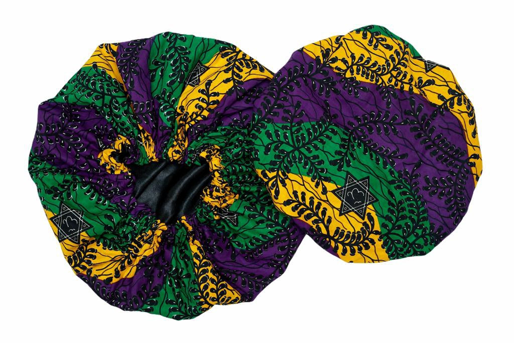 Ankara Wax Print Made of Green, Yellow, Purple And Black Blend of Beautiful Colours And Pattern, Hand Made Elastic Silklined Bonnet With Band