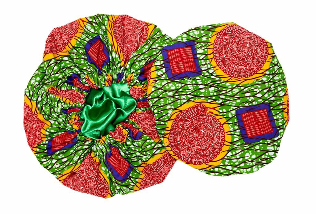 Green, Red, Blue And Yellow Mix Pattern Design Ankara Wax Print With Green Silk Lined Hair Bonnets