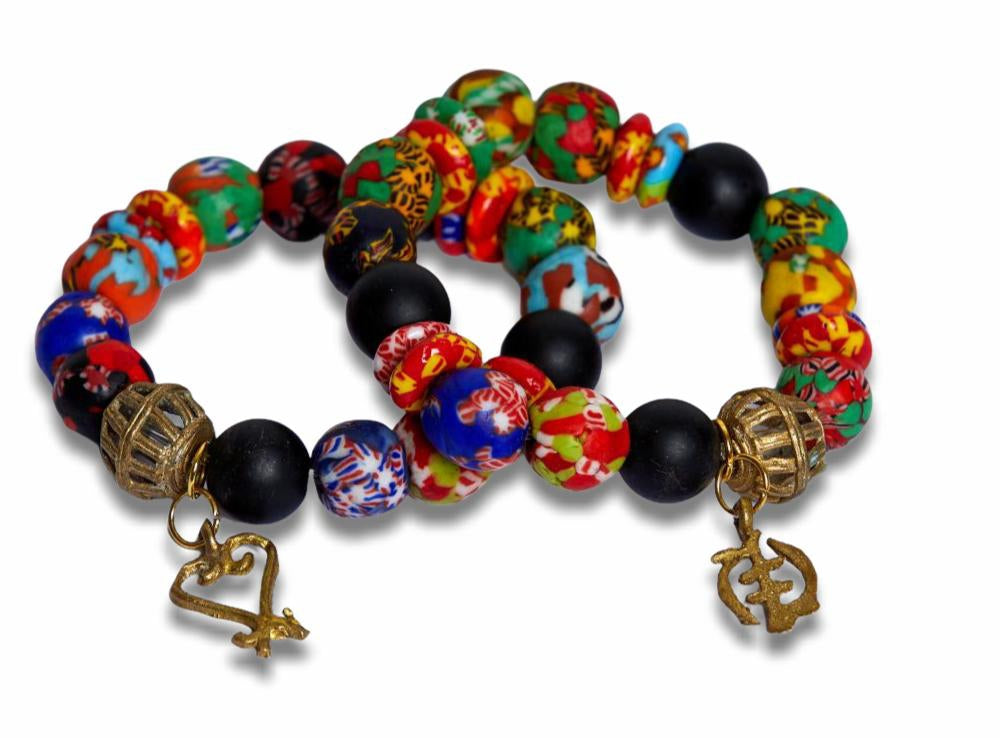 Multi Colored Bright Medley Fused Rondelle Recycled Glass beaded BRACELET With Adinkira Symbol Ghana Beads