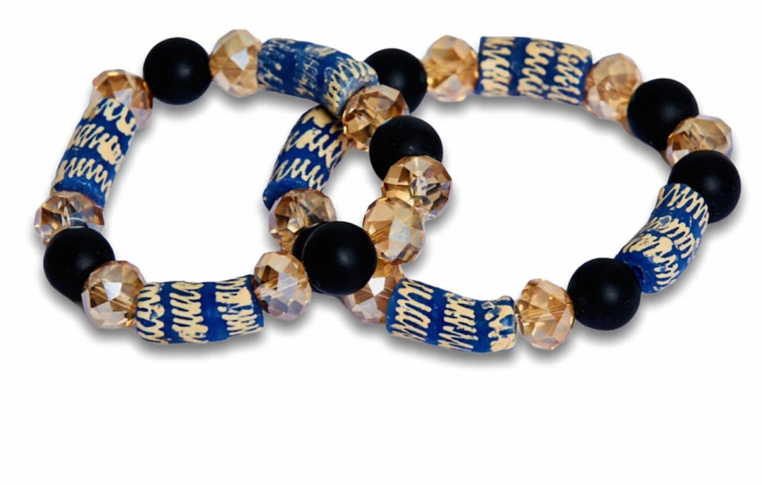 Gold, Black,Navy Colored Bright Medley Fused Rondelle Recycled Glass beaded BRACELET Ghana Beads