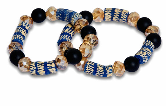 Gold, Black,Navy Colored Bright Medley Fused Rondelle Recycled Glass beaded BRACELET Ghana Beads