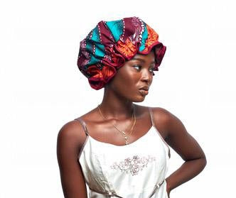 Orange, White , Wine And Green Ankara Wax Print Lined With Wine Silk Regular Hair Bonnet