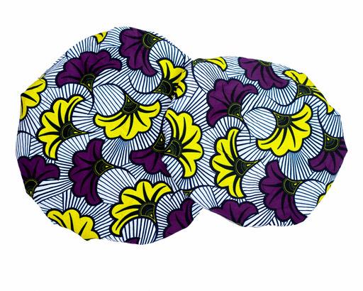 Ankara Wax Print Made of White Striped, Yellow, Purple And Black Blend of Beautiful Colours And Pattern, Hand Made Elastic Silklined Bonnet With Band
