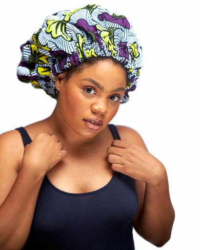 Ankara Wax Print Made of  Black White Stripped, Yellow And Purple Blend of Beautiful Colours And Pattern, Hand Made Elastic Silk lined Hair Bonnet