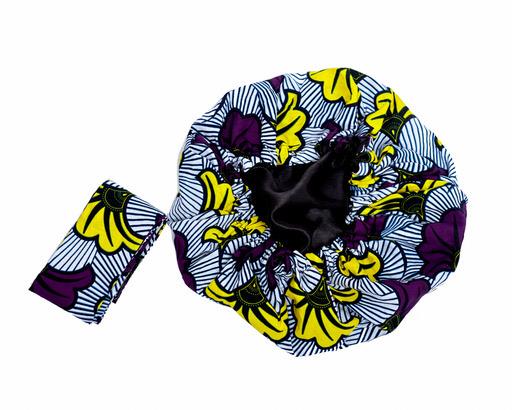 Ankara Wax Print Made of White Striped, Yellow, Purple And Black Blend of Beautiful Colours And Pattern, Hand Made Elastic Silklined Bonnet With Band