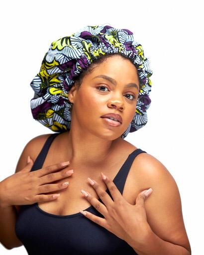 Ankara Wax Print Made of  Black White Stripped, Yellow And Purple Blend of Beautiful Colours And Pattern, Hand Made Elastic Silk lined Hair Bonnet
