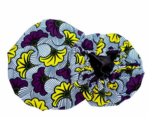Ankara Wax Print Made of  Black White Stripped, Yellow And Purple Blend of Beautiful Colours And Pattern, Hand Made Elastic Silk lined Hair Bonnet