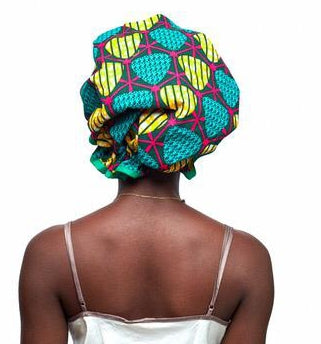 Red, Yellow, Black And Green Ankara Wax Print Lined With Green Silk Regular Hair Bonnet