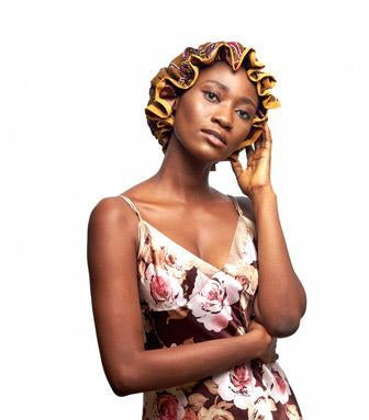 Brown ,White And Red Ankara Wax Print With Gold Lined Edges Regular Silklined Hair Bonnet