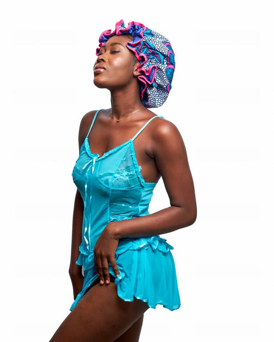 White, Blue, Purple And Pink Ankara Wax Print Lined With Blue Silk Regular Silklined Hair Bonnet