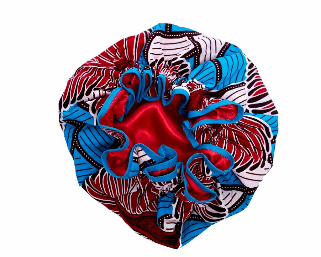 Blue, White , Red And Black Ankara Wax Print Lined With Red Silk Regular Silklined Hair Bonnet 