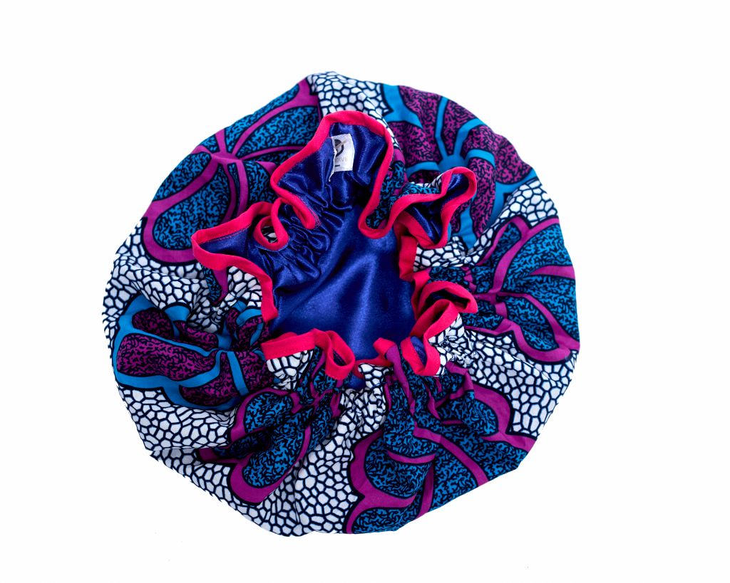 White, Blue, Purple And Pink Ankara Wax Print Lined With Blue Silk Regular Silklined Hair Bonnet 