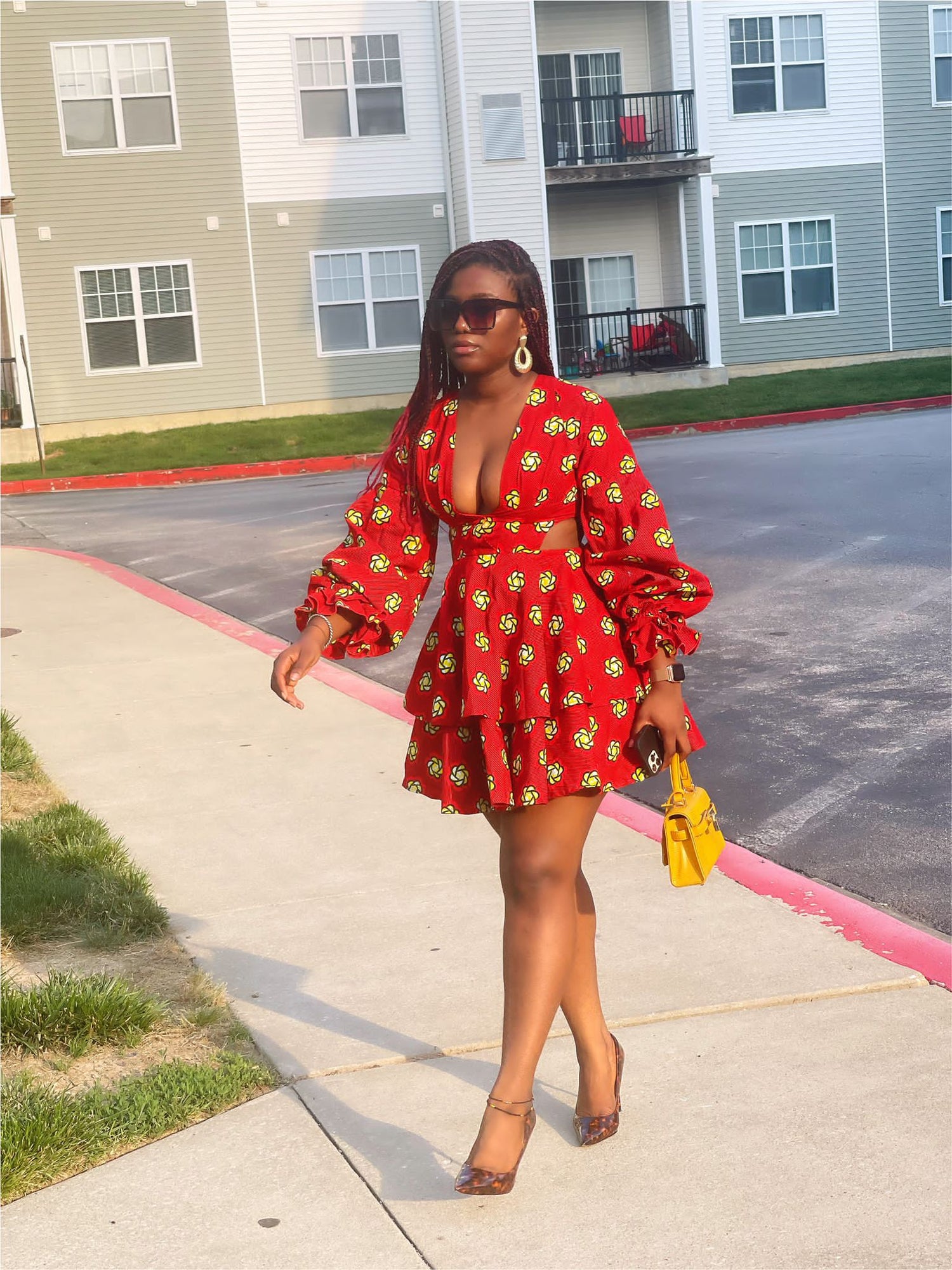 Red And Yellow Pattern Ankara Wax Print Long Puff Sleeve Deep V Neck, Partly Opened Side And Back  Double layered Mini Flare Dress