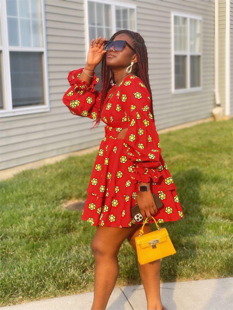 Red And Yellow Pattern Ankara Wax Print Long Puff Sleeve Deep V Neck, Partly Opened Side And Back Double layered Mini Flare Dress