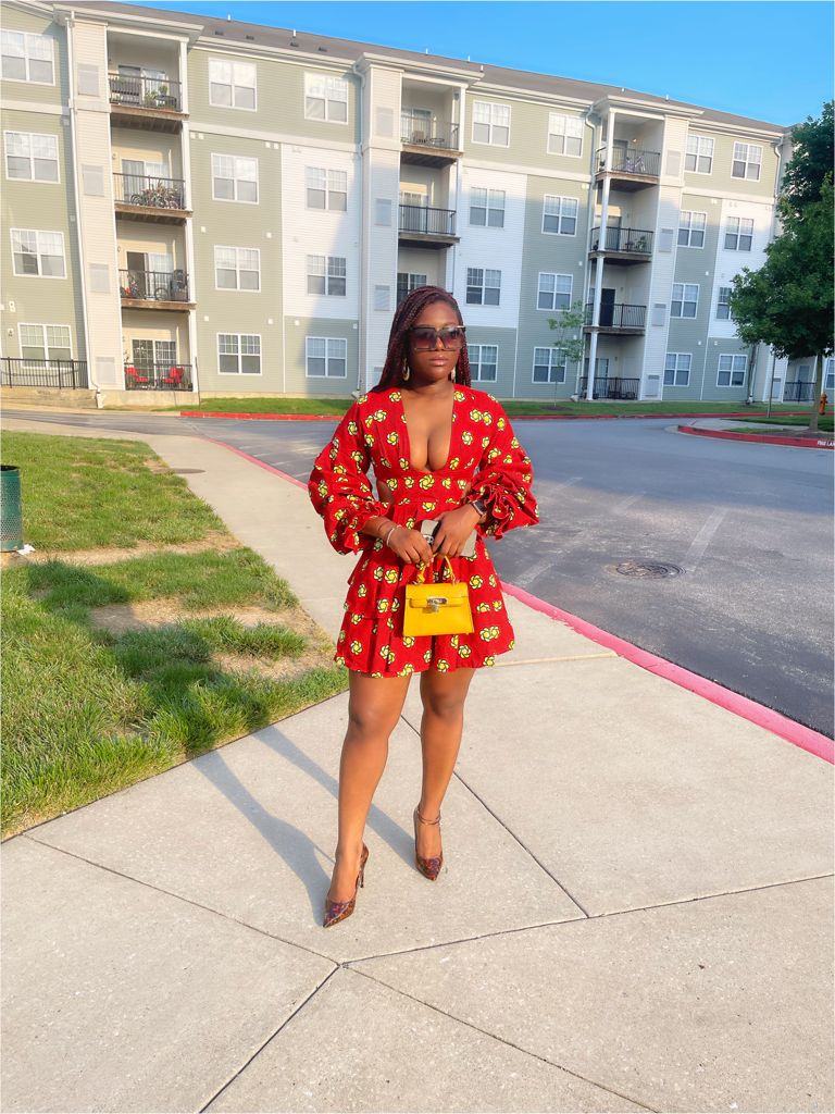 Red And Yellow Pattern Ankara Wax Print Long Puff Sleeve Deep V Neck, Partly Opened Side And Back Double layered Mini Flare Dress