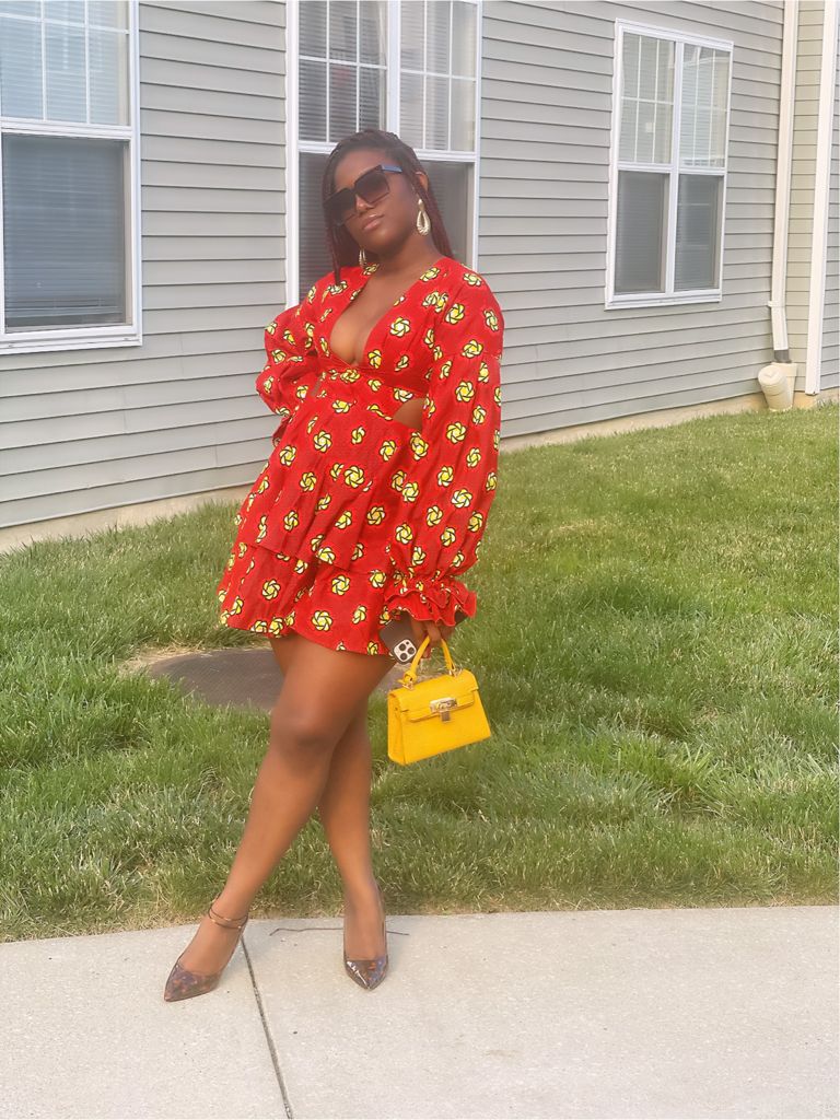 Red And Yellow Pattern Ankara Wax Print Long Puff Sleeve Deep V Neck, Partly Opened Side And Back Double layered Mini Flare Dress