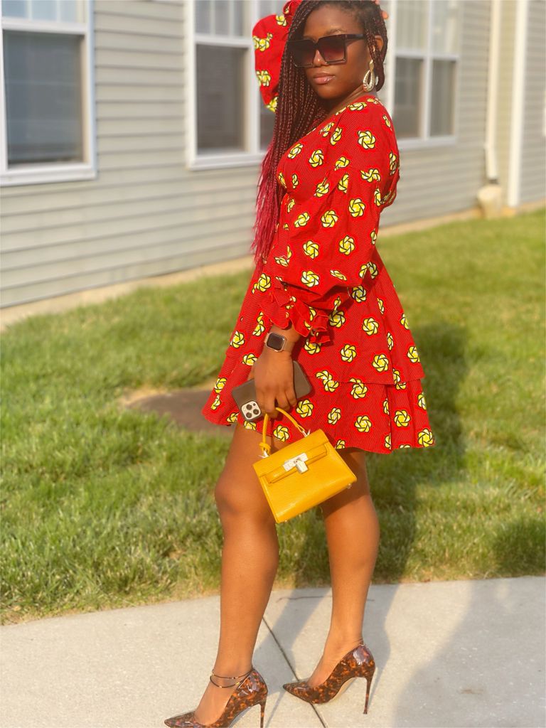 Red And Yellow Pattern Ankara Wax Print Long Puff Sleeve Deep V Neck, Partly Opened Side And Back Double layered Mini Flare Dress