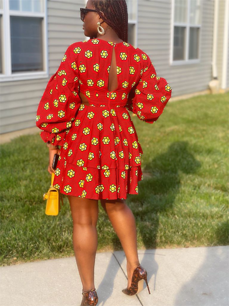 Red And Yellow Pattern Ankara Wax Print Long Puff Sleeve Deep V Neck, Partly Opened Side And Back Double layered Mini Flare Dress