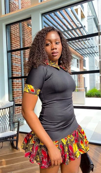 Solid Black Color With A Spread Short Sleeve Mid Dress. Spread Collar, Sleeve Edge And Dress Edges Made Of Yellow, Black And Wine Pattern Ankara Wax Print