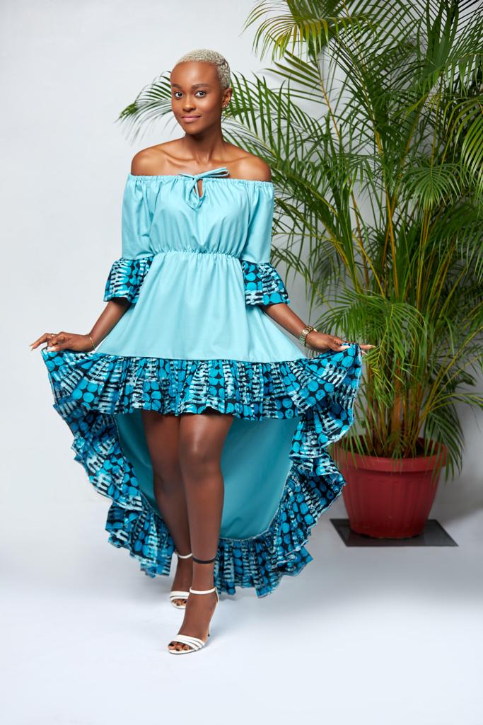 Mid Sleeve Off Shoulder Solid Blue With Blue Batik Fabric Design Edges Front Mid - Maxi Dress