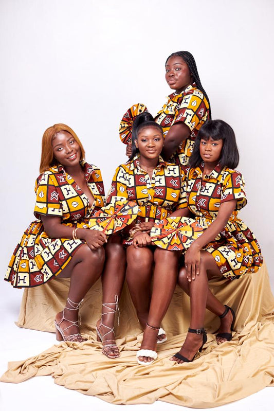 A Blend of Brown, Wine, Bone White And Black Ankara Wax Print Shirt Collar Short Sleeve Button Mini Loose Dress