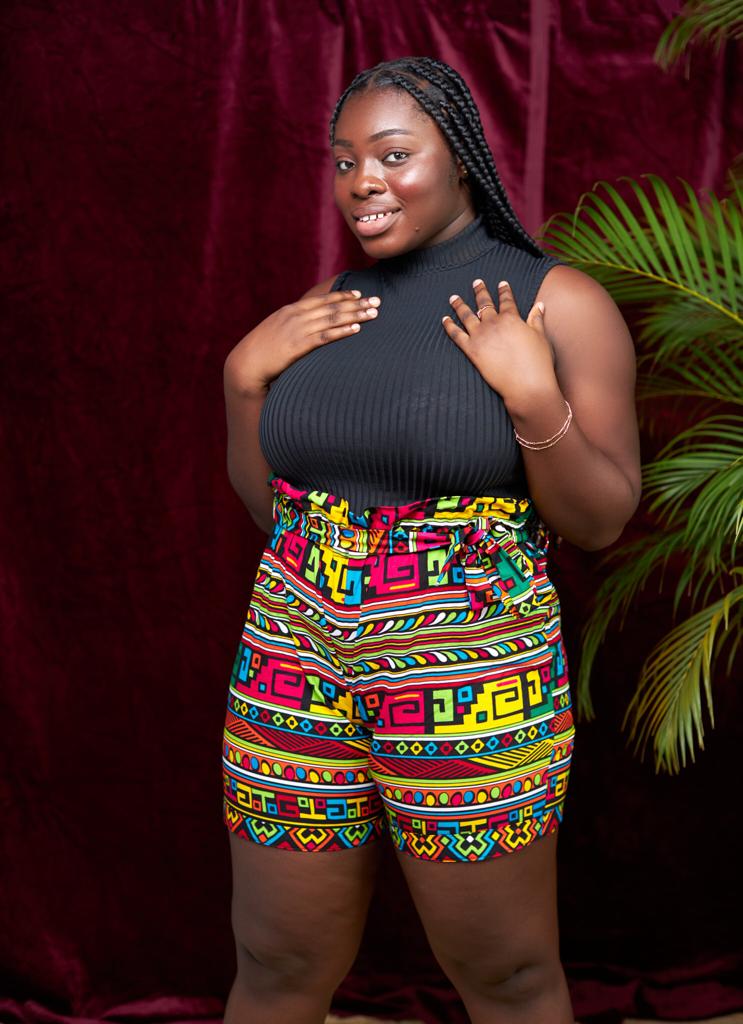 Red, Yellow, Green, Blue, Black, Pink African Bogolan Print High Waist Shorts With Back Pockets And Belt