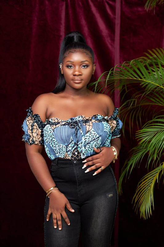 Blue, Light Orange,White, Black Printed Ankara Short Sleeve Off Shoulder Drawstring Crop Top