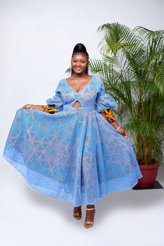 Blue Lace And A Blend Of Inner Yellow, Blue, Orange And Brown Ankara Print Buttoned Cuffs Puff long Sleeve Maxi Dress