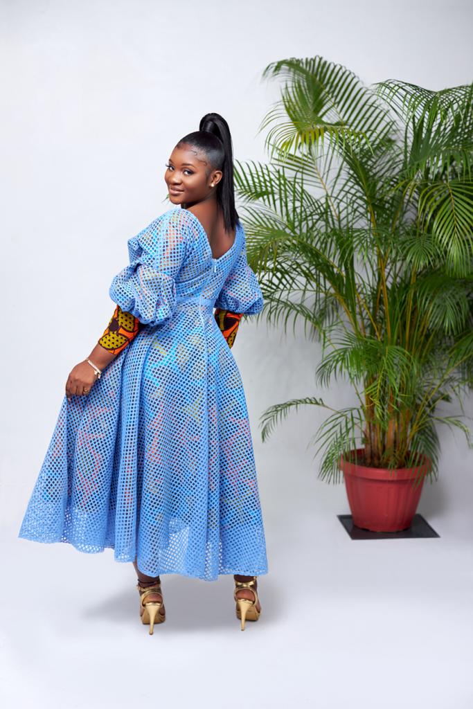 Blue Lace And A Blend Of Inner Yellow, Blue, Orange And Brown Ankara Print Buttoned Cuffs Puff long Sleeve Maxi Dress