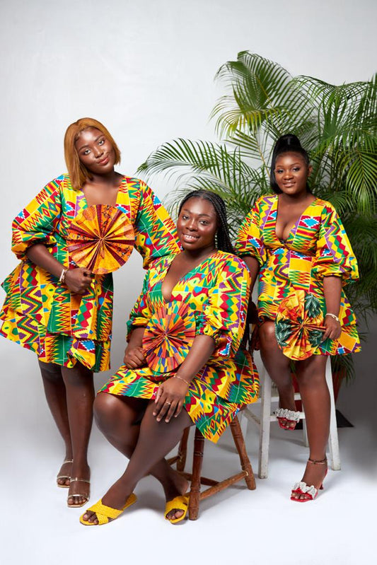 A Blend Of Yellow, Red, Purple, Blue And Green Kente Print V Neck Mid Puff Sleeve double Layered Midi Dress