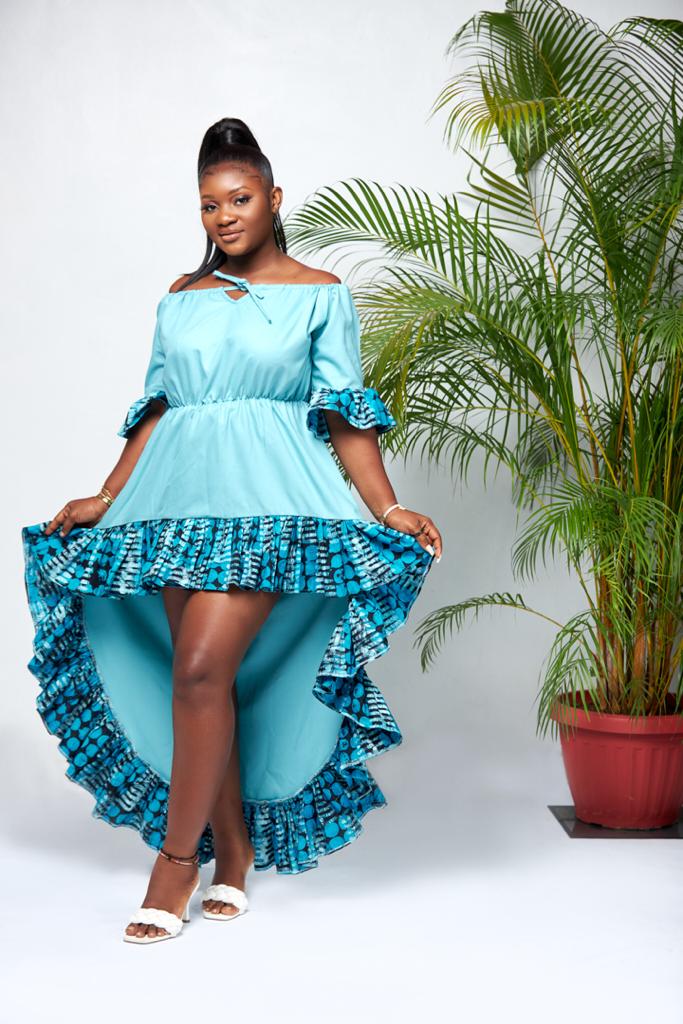 Mid Sleeve Off Shoulder Solid Blue With Blue Batik Fabric Design Edges Front Mid - Maxi Dress