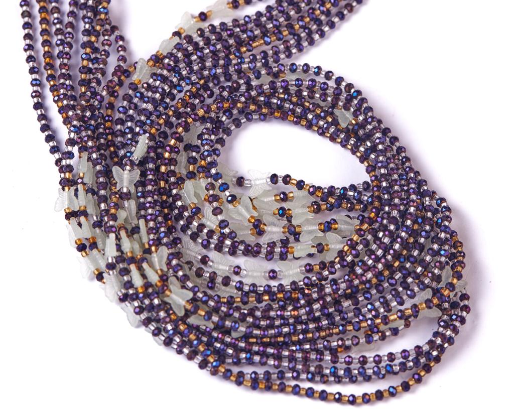 48 Inches Silver And Gold Glass Beads With Purple  And Butterfly Pebble Bar Tie on Waist Beads  